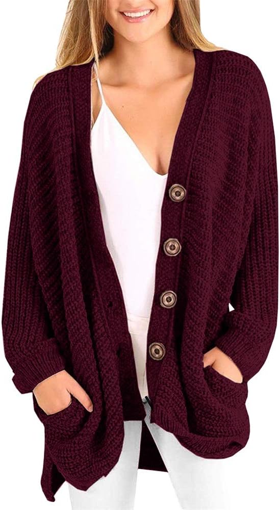Plus Size Womens Cardigans Boyfriend Long Cable Knit Button Cardigan Sweaters with Pockets