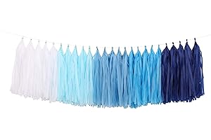 Fonder Mols 25pcs Navy Blue White Tissue Paper Tassel Garland Tassel Banner for Nautical Baby Boy Shower,Boy Gender Reveal, First Nautical,Shark Birthday Party, Photobooth Backdrop Decorations A05