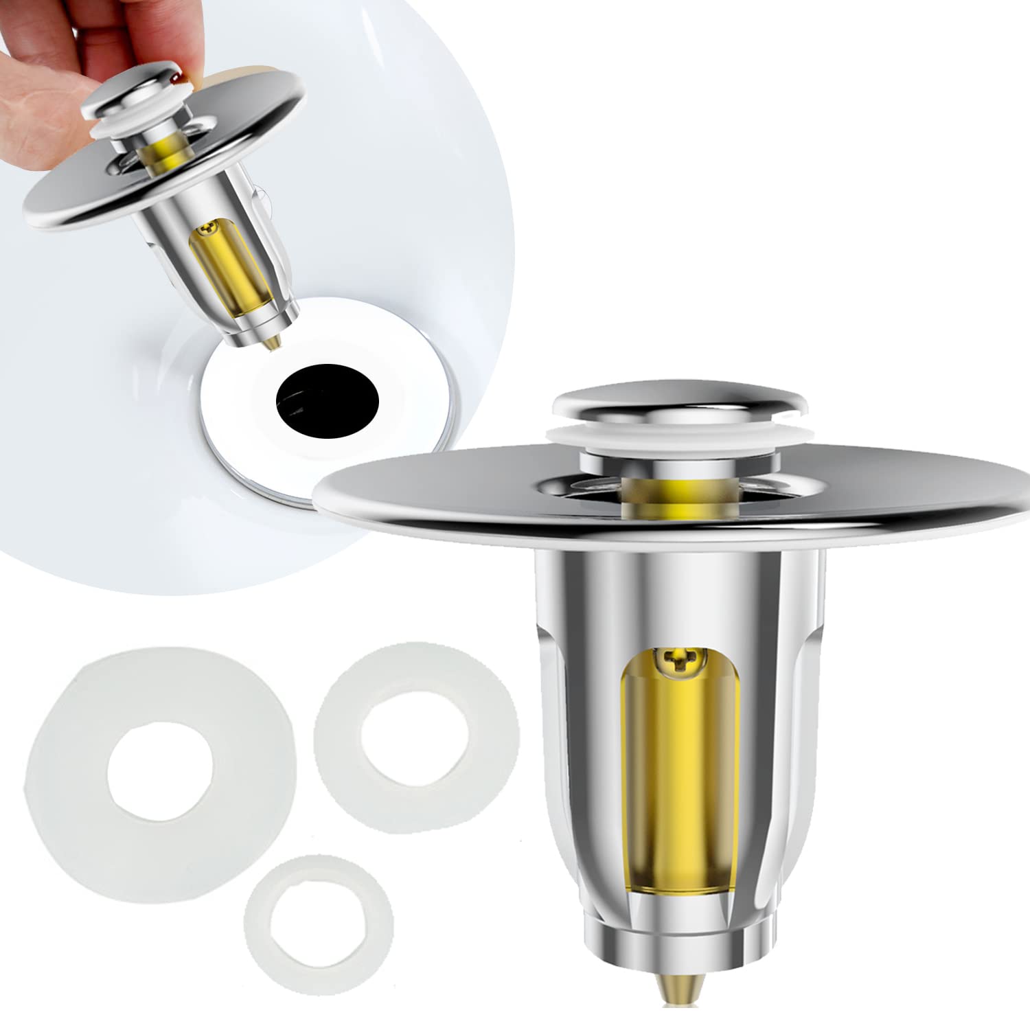 Universal Sink Plugs for Bathrooms and Kitchens Bullet-Core Push-Type Sinks Pop-Up Drain Filters Sanitary Fittings Replacement Sink Plugs Without Overflow Hair Extensions with Baskets