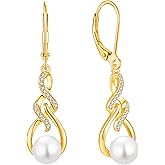 Lwsary Infinity Pearl Dangle Drop Earrings for Women 925 Sterling Silver Leverback Earrings with 7MM Pearl Jewelry Gifts for Her