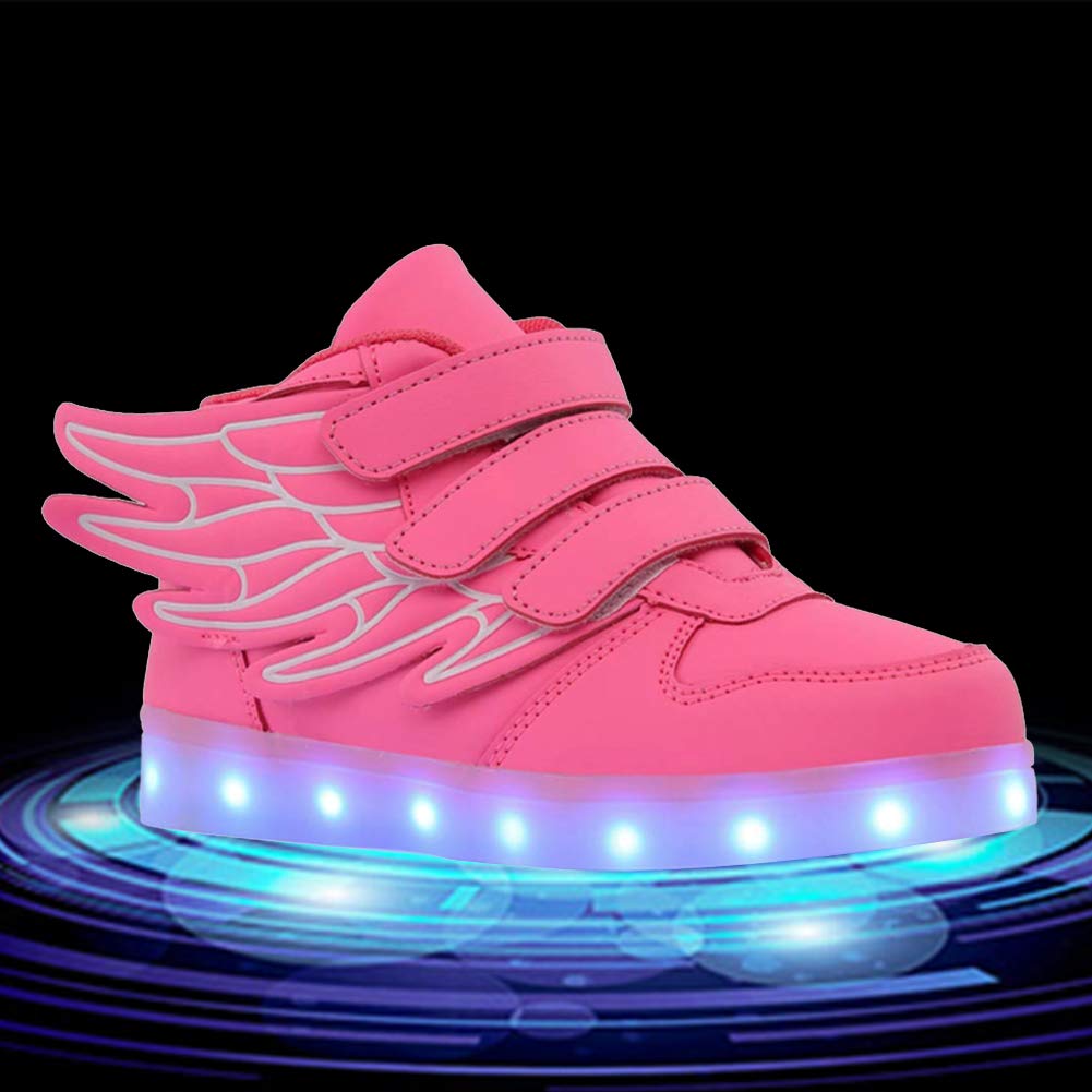RioRand Kids Lights Up Sneakers Boys Girls Flashing Rechargeable Dance Shoes Athletic Wings Fashion High Top 7 Colors LED Shoes Rose