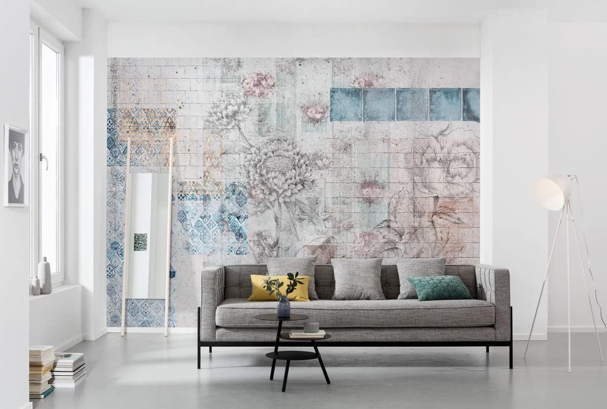 Non-Woven Photo Wallpaper Patches Size 400 x 260 cm Retro Photo Wallpaper Flowers Mosaic Tiles