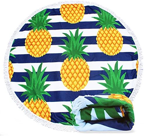 EUTERPE Large Round Beach Towel Thick Multi-Purpose Round Blanket with Tassels,Soft Water Absorbent Room Decor Mat 59 Inch Pineapple Stripe
