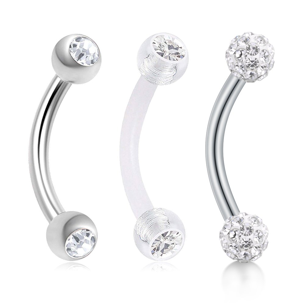 MODRSA 16G Cubic Zircon Inlaid Curved Barbell Lip Eyebrow Rings Daith Tragus Helix Earrings Piercing Belly Button Ring 3PCS