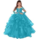 Topstaㅤ Girl’s Long Sleeve Flower Girl Dress Princess Ruffles Pageant Dresses Tulle Lace Tiered Kids Party Prom Ball Gown