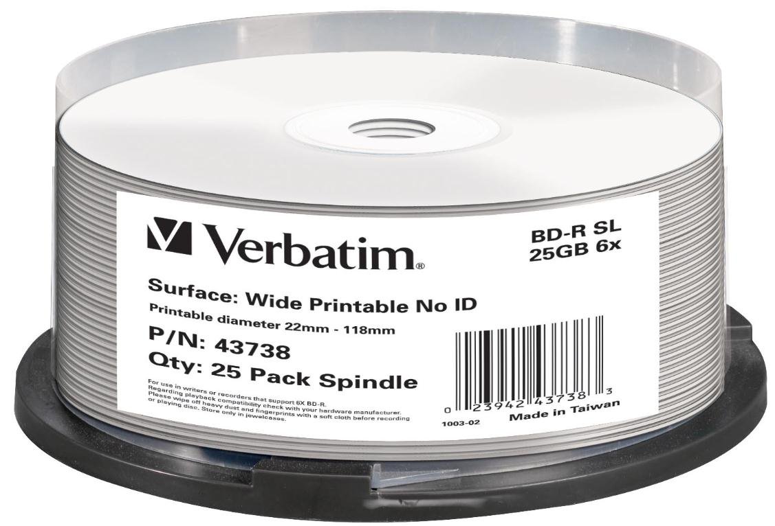 Verbatim 43738 25GB BD-R SL Printable - 25 Pack Spindle