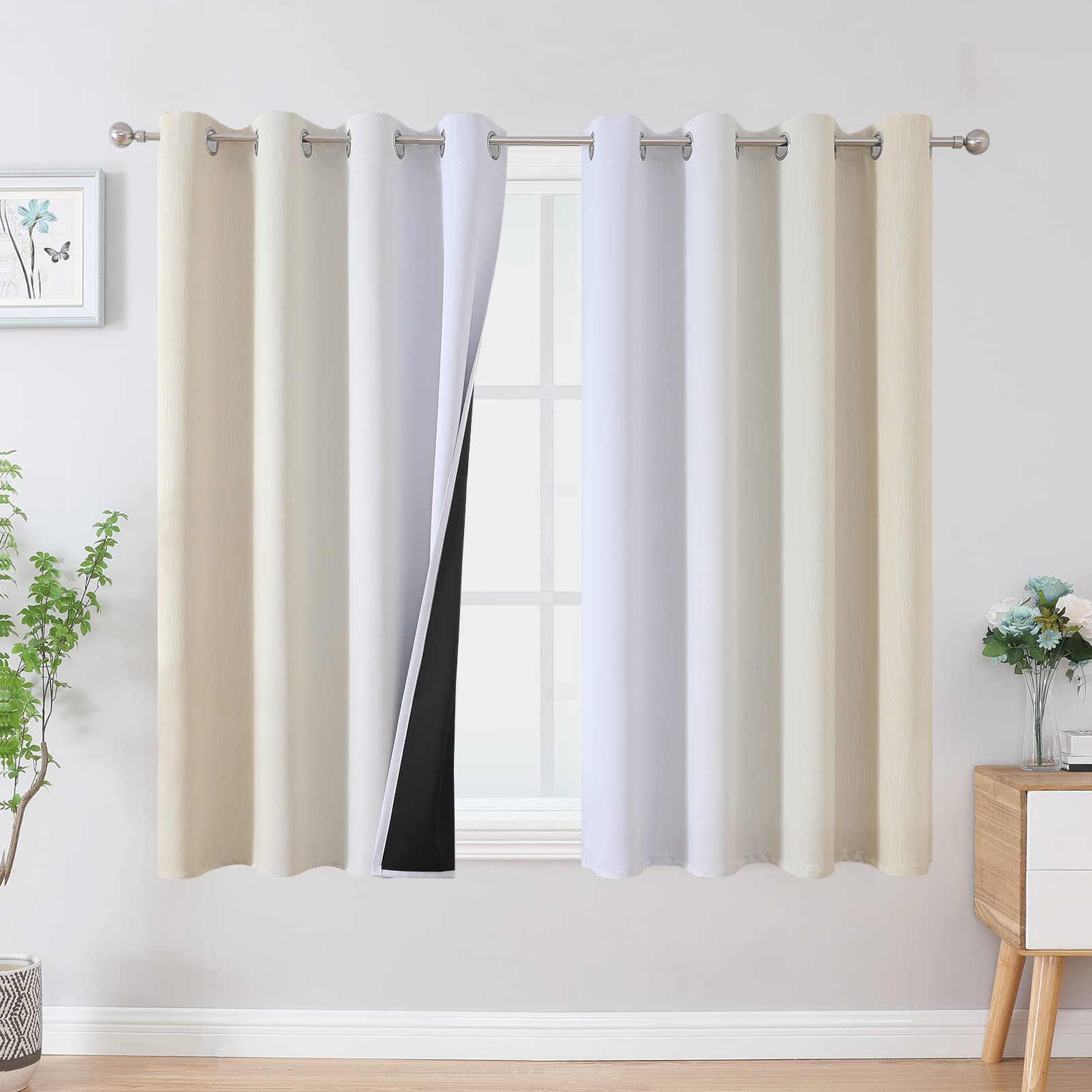 VEHEDE Gradient Beige and Greyish White Blackout Curtains for Living Room, Ombre Eyelet Decorative Wave Thermal Insulated Curtains & Drapes for Kids Bedroom, W52 x L63 Inch, 2 Panels