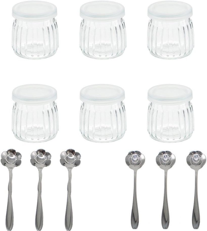 Tikwisdom1set (6 Jars with 6 Flower-Type Dessert Spoon) Yoghurt Jars Pudding Jar with Lid Replacement Glass Jars for -Vertical Stripe 100ml (3.38oz)