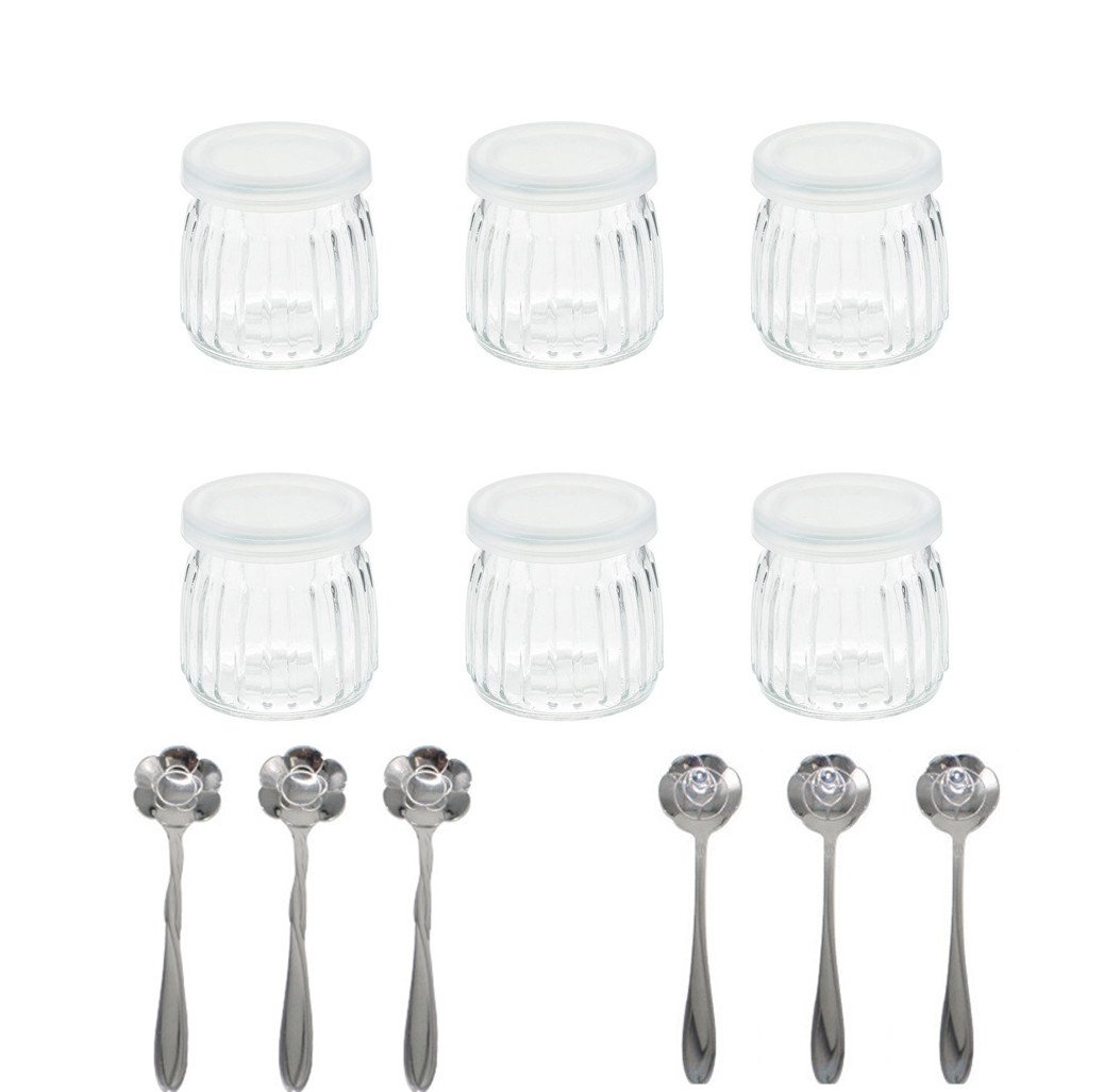 Tikwisdom 1set (6 Jars with 6 Flower-Type Dessert Spoon) Yoghurt Jars Pudding Jar with Lid Replacement Glass Jars for -Vertical Stripe 100ml (3.38oz)