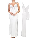 Popilush Maxi Dresses for Women Deep V Neck Shapewear Lace Satin high Slit Bodycon Cocktail Dress Party Going Out
