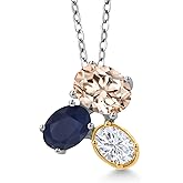 925 Silver and 10K Yellow Gold Peach Morganite Blue Sapphire and White Moissanite Pendant Necklace For Women (2.50 Cttw, Oval 8X6MM, 7X5MM and 6X4MM, Gemstone October Birthstone, with 18 Inch Chain)