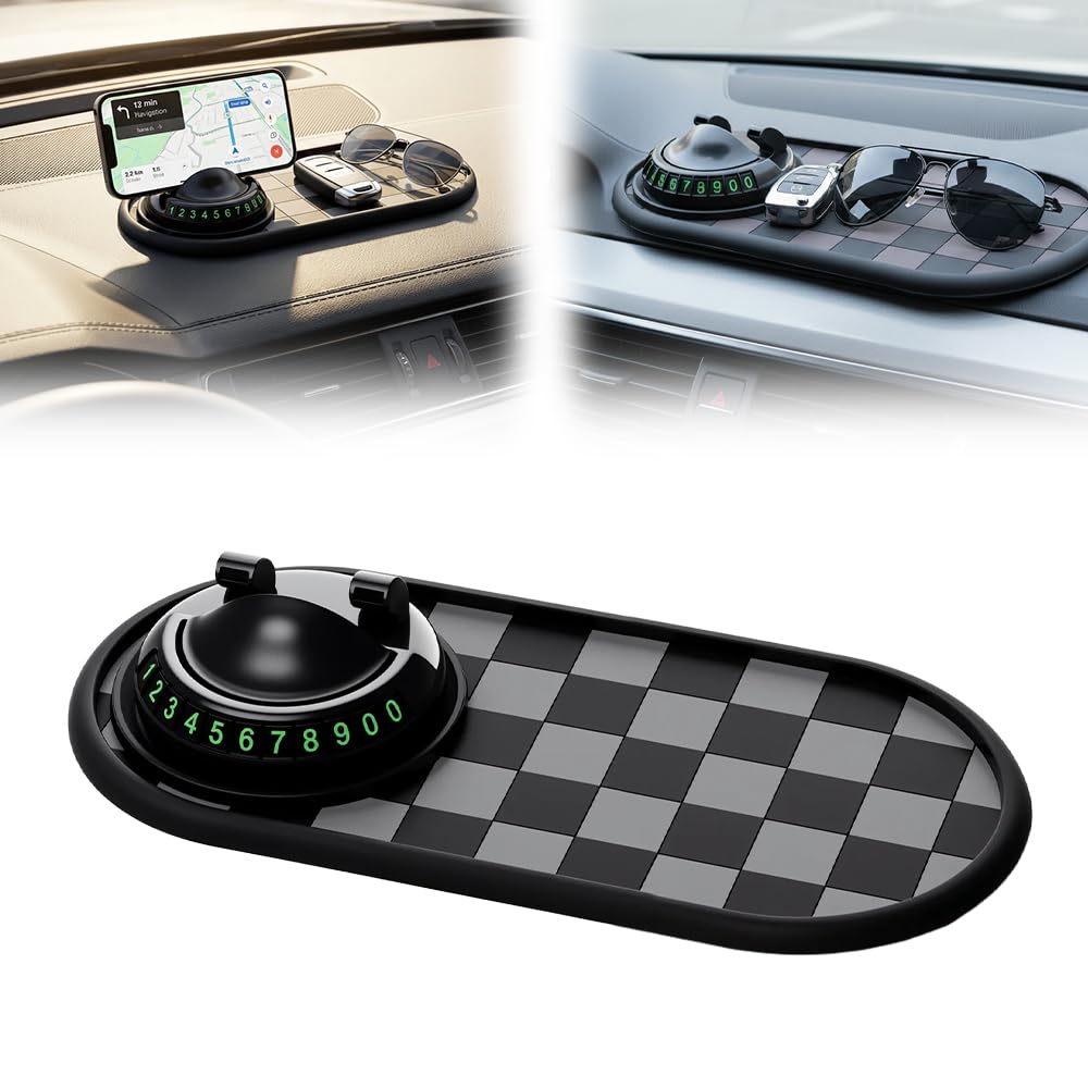 Multifunction Car Anti-Slip Mat, Car Dashboard Mat 360° Rotating, Adjustable Phone Holder with Hidden Parking Number Plate for Phone, Sunglasses and Keys (Style A)