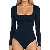 MANGOPOP Women's Square Neck Short Sleeve Long Sleeve Bodysuit Sexy Body Suits Shirt Slim Fitted Tops