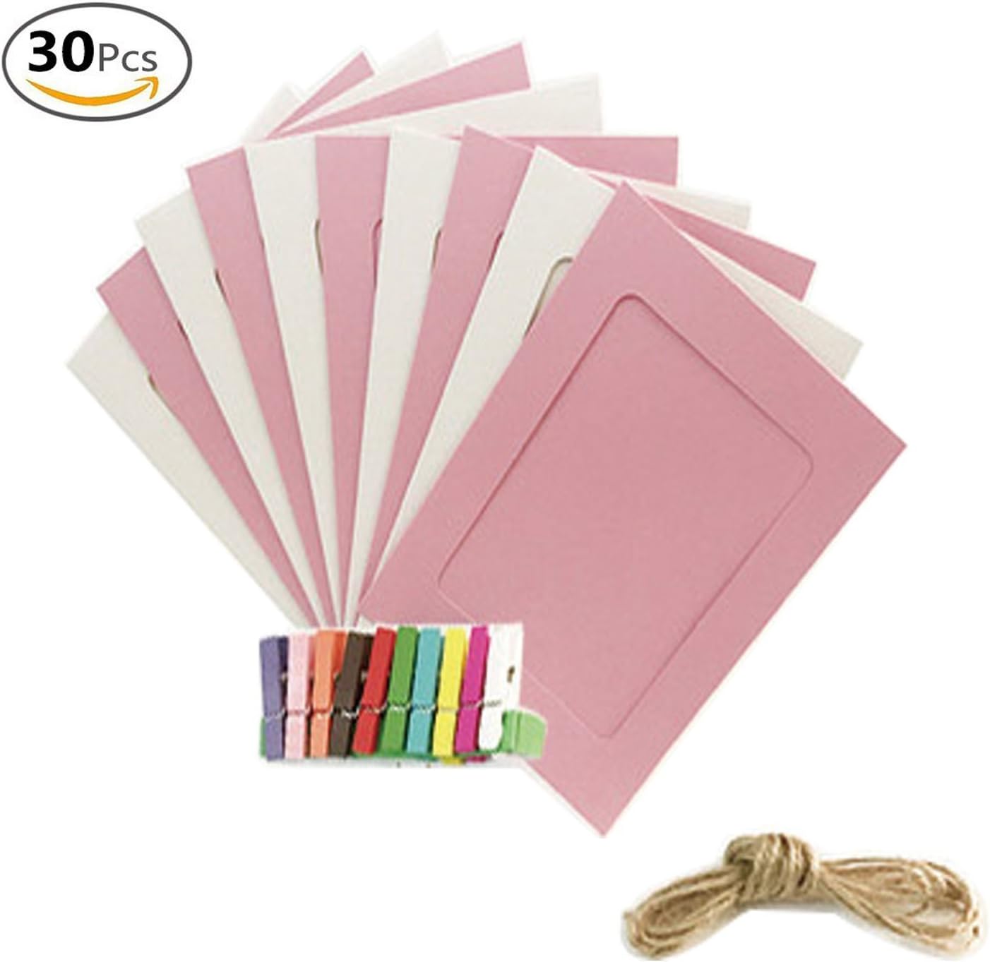 30pcs Kraft Paper Frame Photo Display DIY Wall Hanging Picture Frames With 30 Clips & 3 pieces 2M Hanging Wire Pictures Organizer Wall Decorations (white-pink)