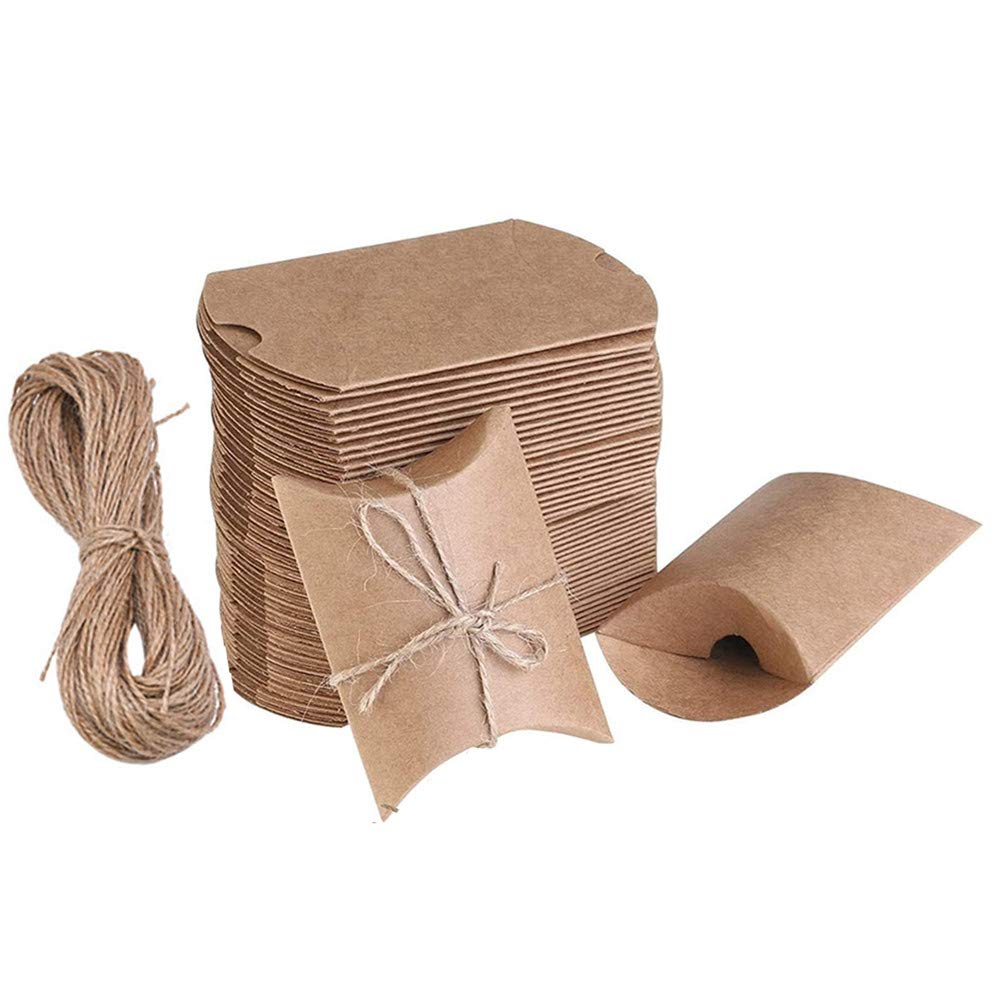 100Pcs Kraft Gift Bags Brown Small Pillow Boxes Vintage Natural Candy Boxes with Jute String for Christmas Party Wedding Birthday Baby Shower 3.5x2.5Inch