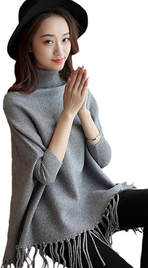 Amazon ニット ポンチョ風 レディース タートルネック フリンジ 袖付き ゆったり コート代わりのアウターにも オリジナルアイテム付き 0157 コート ジャケット 通販