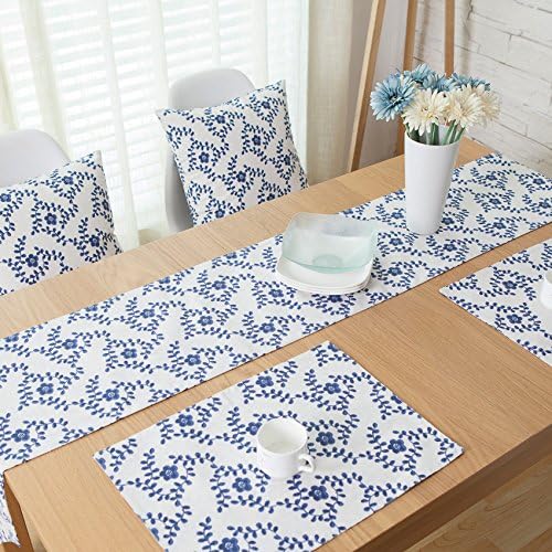 SAEKLL-Blue-and-white national wind table runner, cotton and linen fabric double table runner mat,4 mat 3245
