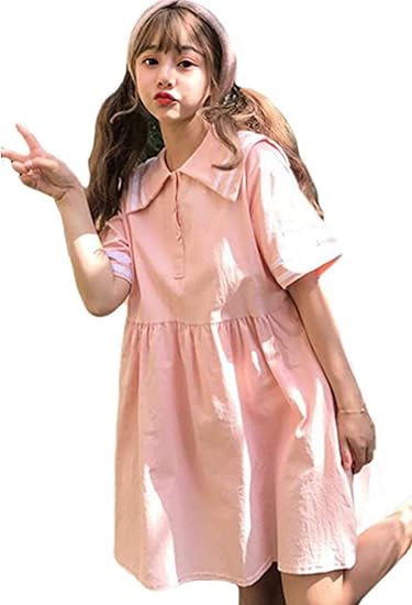Amazon エージョン レディ ワンピース 夏 半袖 ドレス ワンピ シャツ リボン 森ガール ワンピース 少女 ゆったり ワンピース ハイウエスト 海軍領 可愛い ワンピース バイカラー 原宿風 ワンピ ピンク F ワンピース チュニック 通販