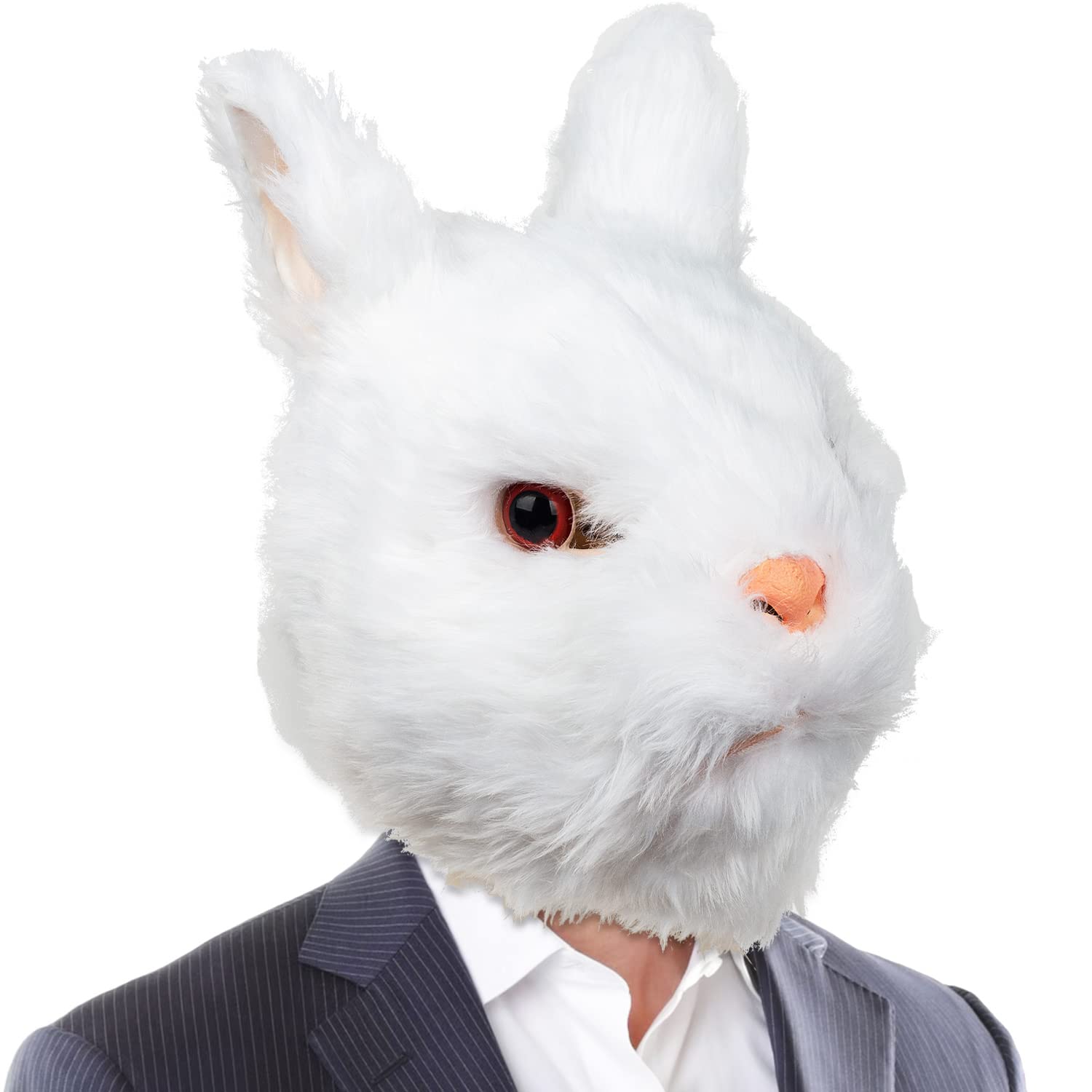 CreepyParty White Rabbit Mask Cute Flurry Bunny Head Animal Latex Full Head Realistic Masks Fancy Dress for Halloween Carnival Easter Costume Party