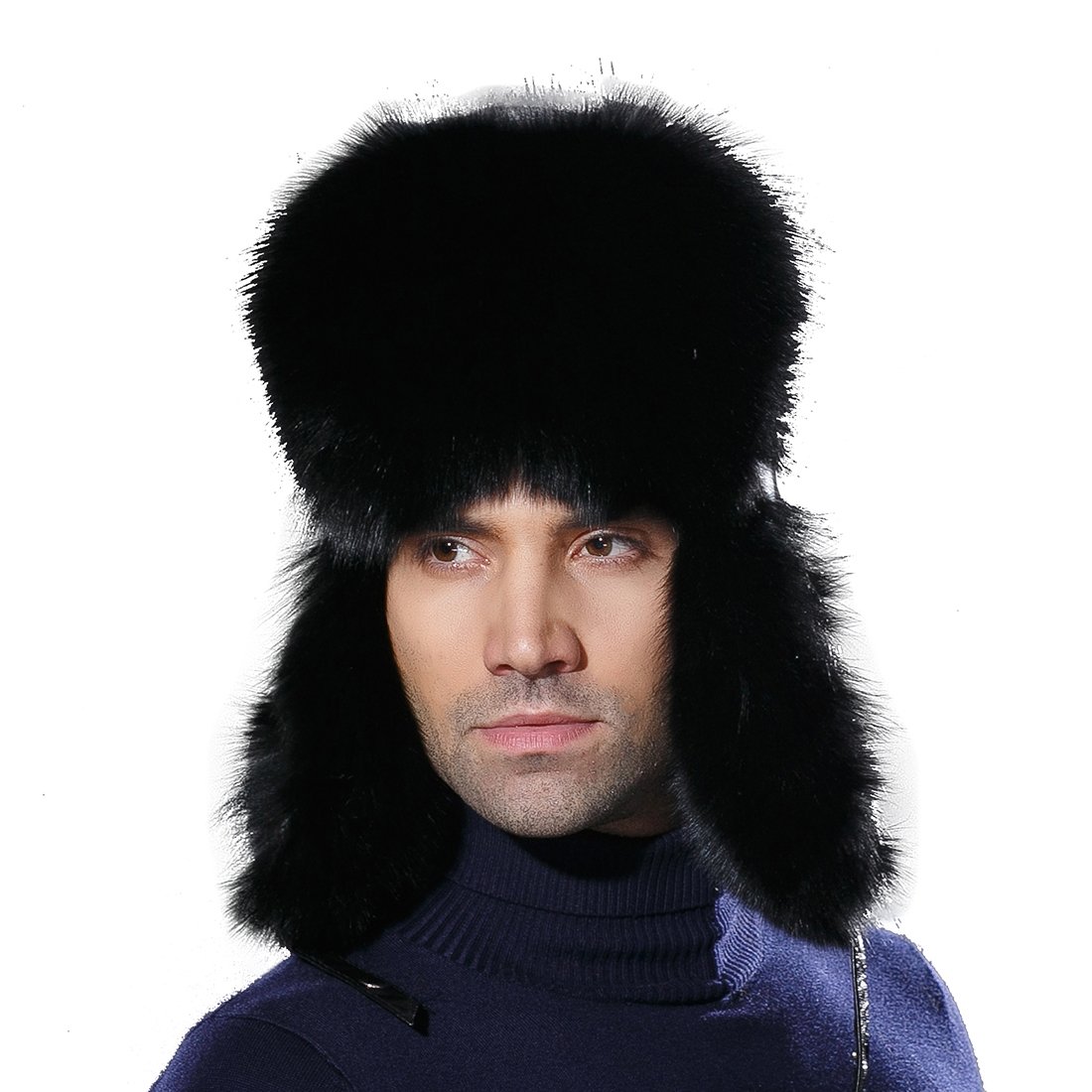 Winter Mens Russian Ushanka Hat Real Leather & Fox Fur Trapper Cap