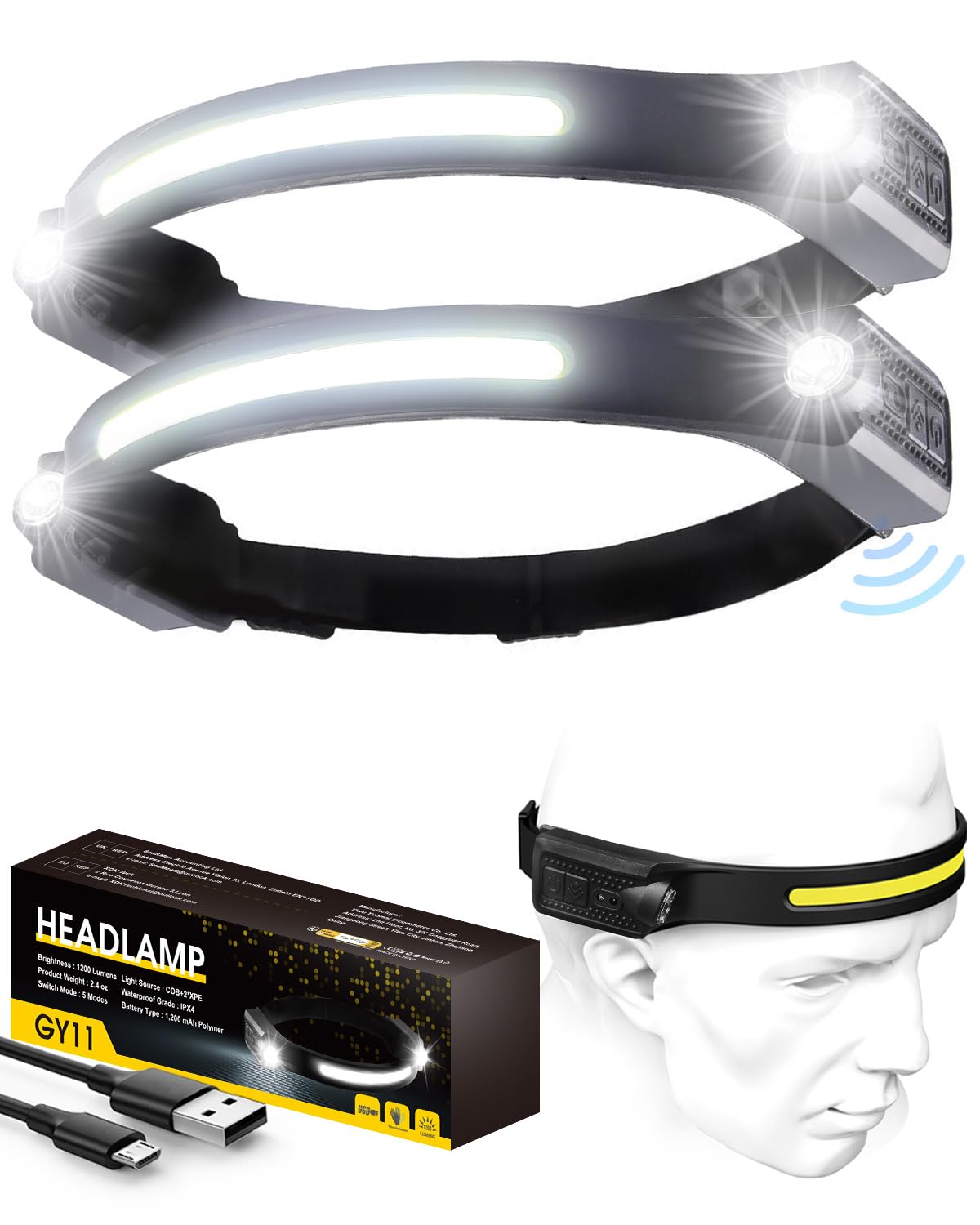 LED Head Torch Rechargeable, 1200LM 2 Spot Light 230°COB Headlamp with Motion Sensor Control, 5 Modes, 12 Hours Runtime, IPX4 Waterproof, Lightweight Headlamp for Camping Running Fishing(2 Pack)