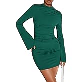 BTFBM Spring Dresses for Women 2026 Fashion Bodycon Bell Long Sleeve Mock Neck Party Club Outfits Going Out Mini Dress