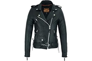 Dream Apparel Women’s Classic Leather Motorcycle Jacket with Zip Out Lining, Biker Jacket for Ladies with Side Laces, Black