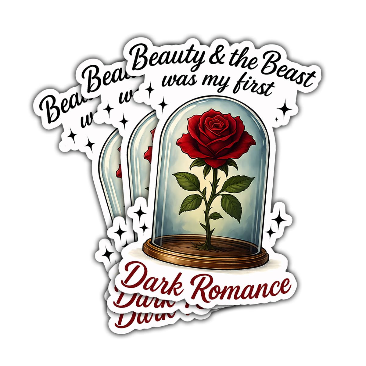 Photo 1 of (3 Pcs) Beauty and The Beast was My First Dark Romance Sticker – Red Rose Fairy Tale Dark Romance Kindle Stickers Waterproof for Laptop, Water Bottle, Notebook – 3 Inch