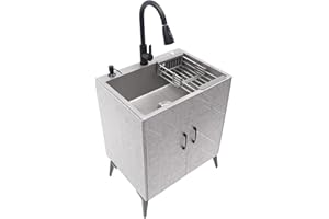 CRYBY Sink with Cabinet, Laundry Sink Cabinet Large Utility Sink Cabinet with 360° Pull-Out Faucet & Drain Basket, Bathroom Storage Cabinet Cabinet with Sink for Kitchen, Garage, Capacity 220.46 lbs