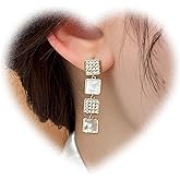 W WEILIRIAN Crystal Square Drop Earrings Long Square Dangle Earrings Boho Square Stud Earrings Geometric Asymmetrical Earrings Jewelry for Women