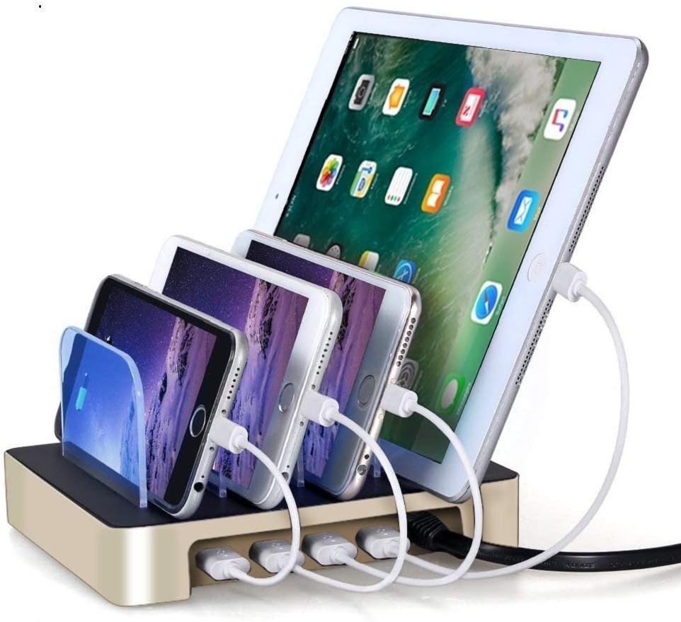 4 Ports USB Charging Station, Universal Detachable Multi-port Desktop Charge Dock Stand Multiple Devices USB Charging Station Organizer, for iPhone iPad Samsung LG Tablet PC-Gold