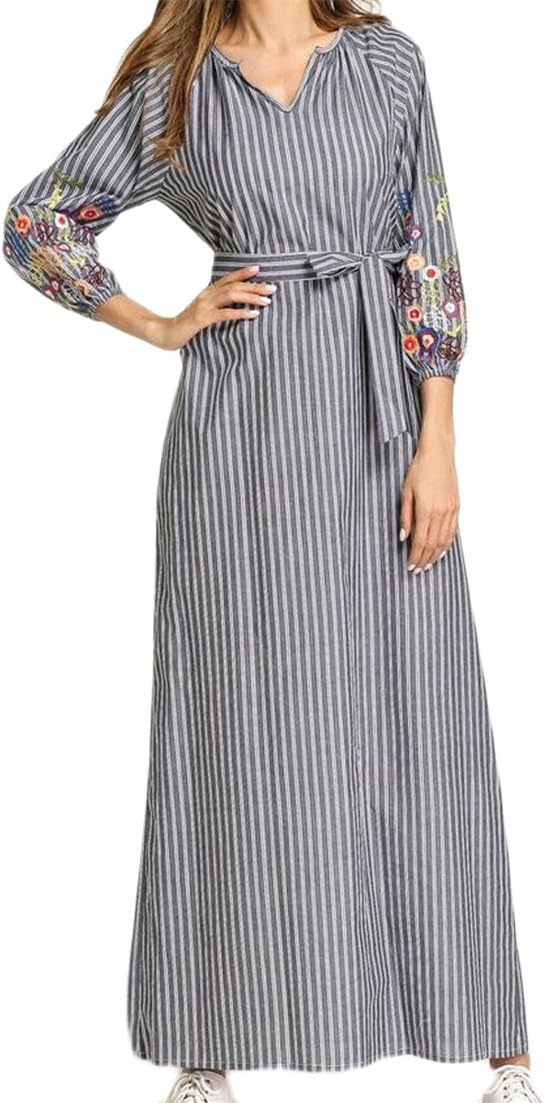 JSY Women's Saudi Arabia Striped Long Sleeve Abaya Smocked Robe Muslim Long Dress