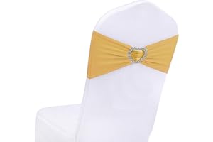 WYFMYD Gold Chair Sashes for Wedding 25 Pack Spandex Gold Sashes for Chairs Covers Stretch Chair Sashes Band with Heart Buckle Slider for Banquet Party Decorations