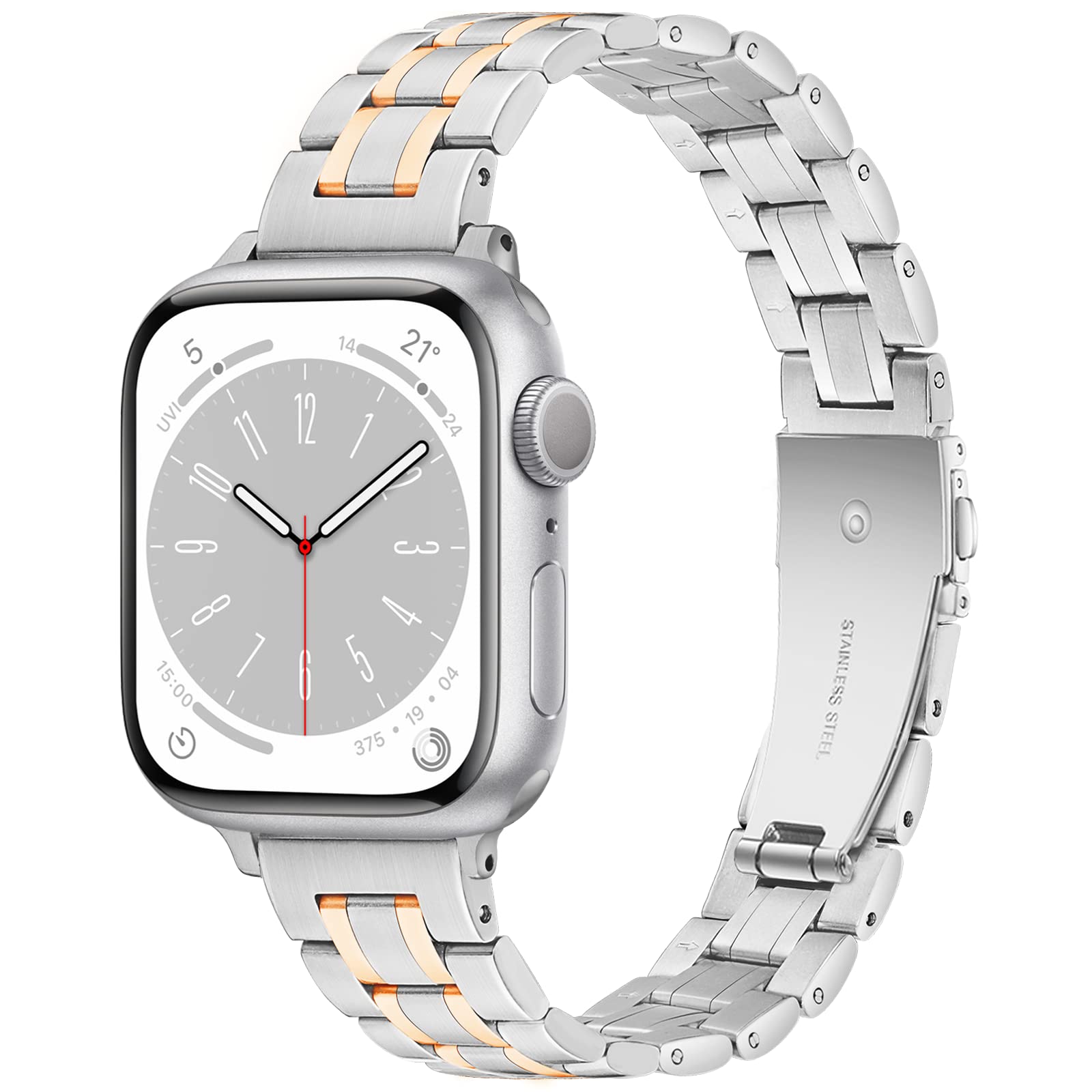 Vamyzji Metal Strap Compatible with Apple Watch Straps 46mm 44mm 45mm 49mm, Slim Meatl Stainless Steel Women Men Strap for Apple Watch Series 11 10 9 8 7 6 SE 5 4,Ultra 3 2 1, Silver and Rose gold