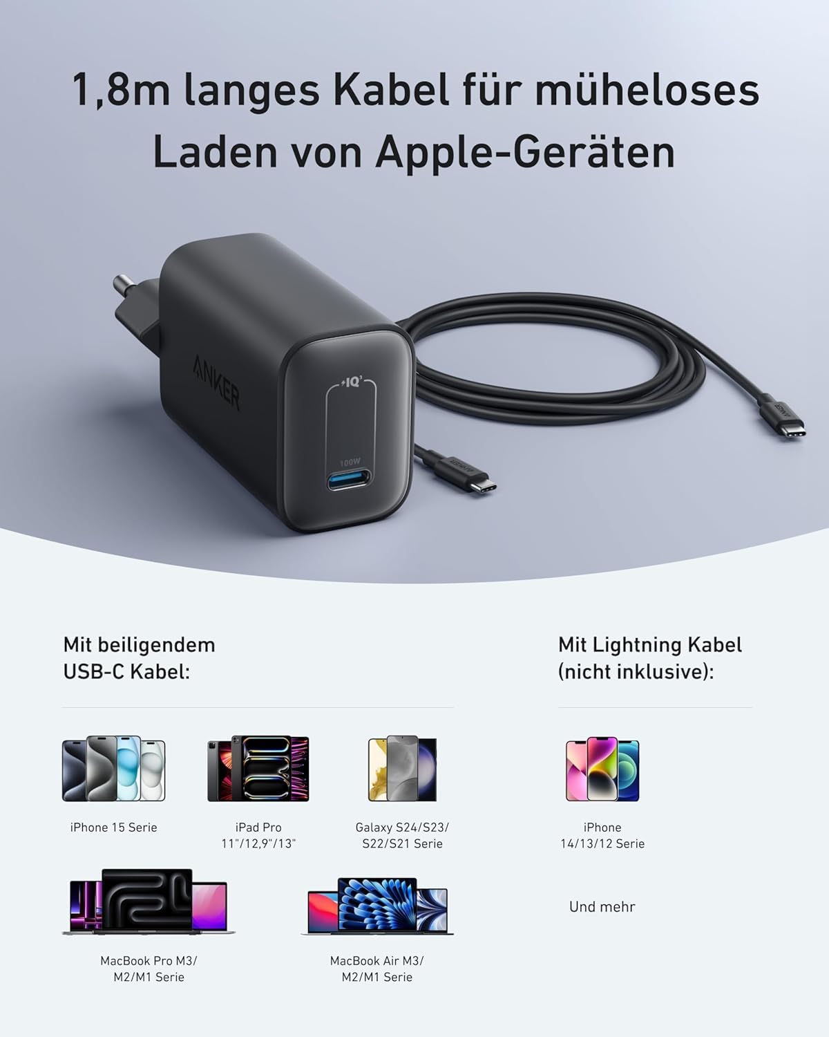 Anker Nano 100W Ladegerät, 100W MacBook Ladegerät, Netzteil für MacBook, iPad, iPhone 17/16, Galaxy, und alle USB-C Geräte, 1,8m USB-C Kabel inklusive (Weiß) 7