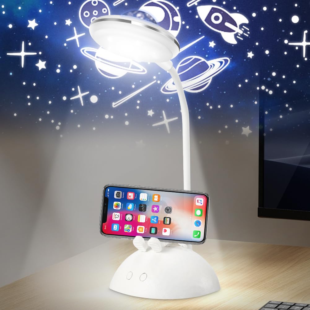 Peelanmall LED Desk Lamp for Kids, Portable Astronaut LED Table Lamp, Starry Sky Projector, Dimmable, Rechargeable (2), White