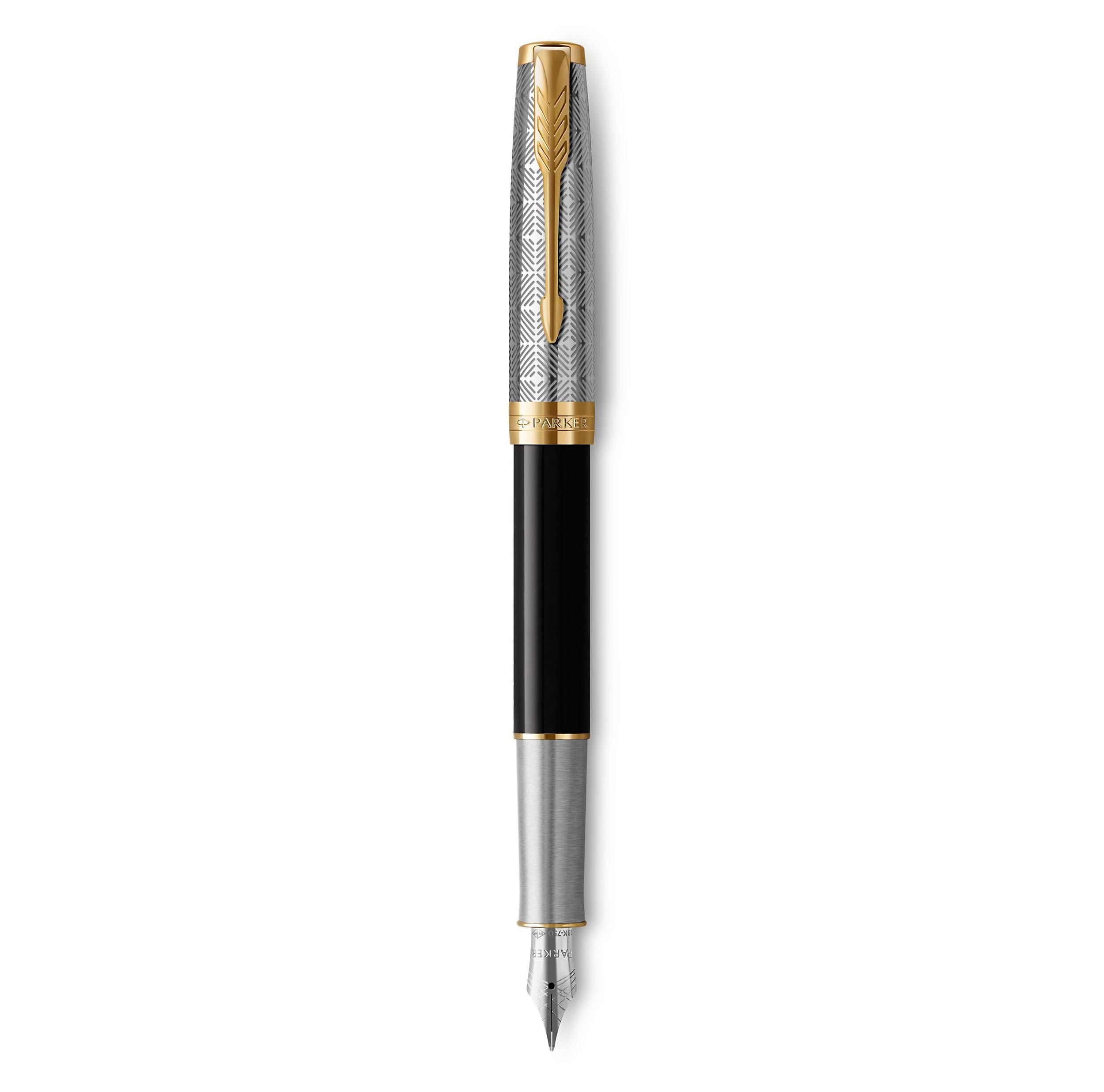 PARKER Sonnet Fountain Pen | Premium Metal and Black Gloss Finish with Gold Trim | Medium 18k Gold Nib with Black Ink Cartridge | Gift Box