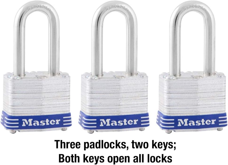 Master Lock 3TRILF Laminated Steel Padlock with Key, 3 Pack, 3 Count - Set Of Locks With Same Key - 