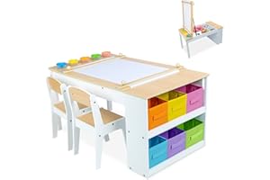 Milliard 2-in-1 Kids Art Table and Art Easel Table and Chair Set, Toddler Craft and Play Wood Activity Table with Storage Bins and Paper Roll