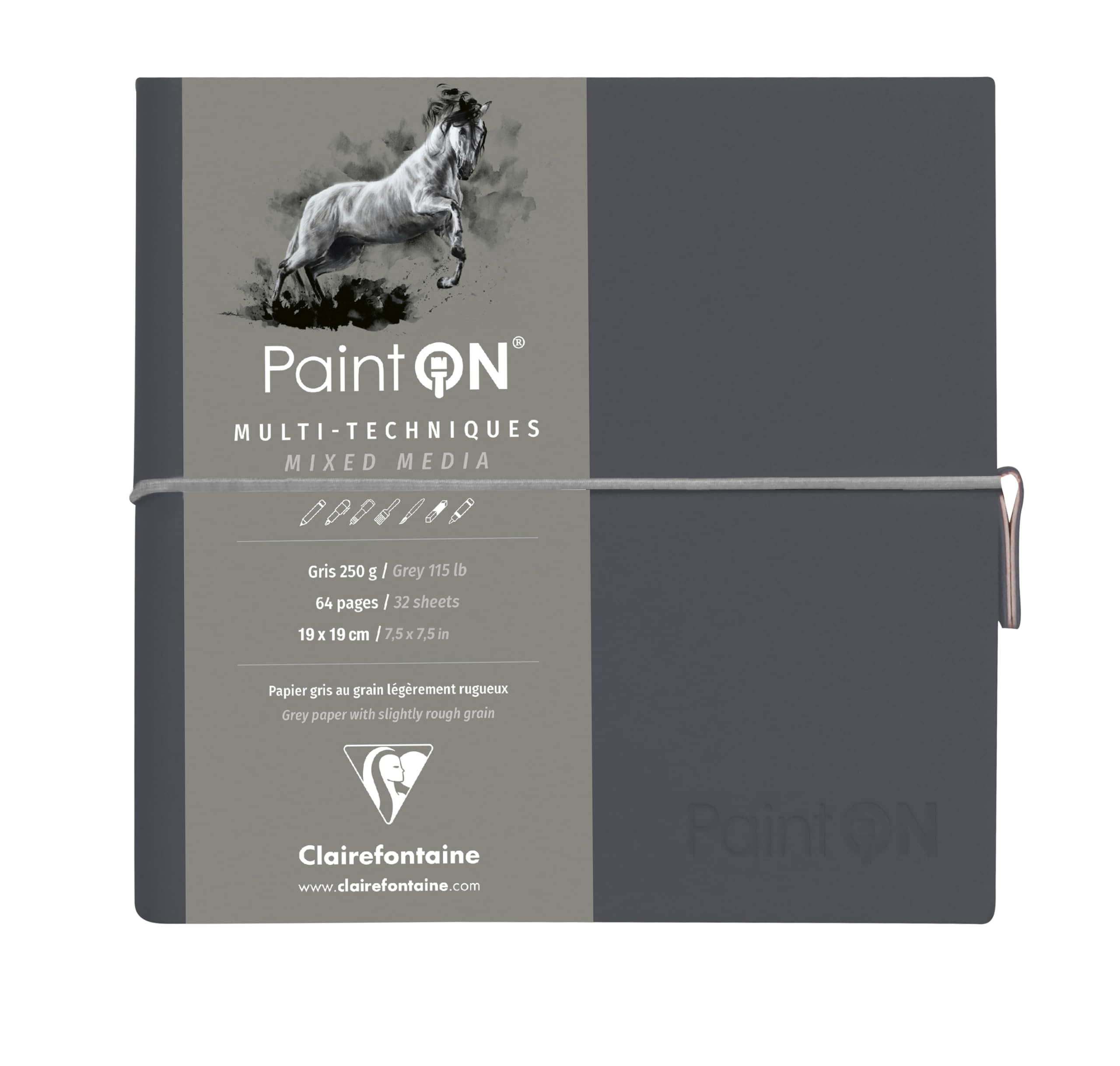 Clairefontaine - Ref 975438C - Paint'On Multi-Technique Sewn Art Book (32 Sheets) - 19 x 19cm, 250gsm Heavyweight Paper, Acid Free - Grey Pages / Grey Cover