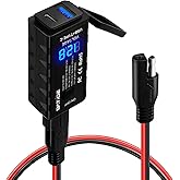 BATIGE Motorcycle USB Charger SAE to USB Adapter Type C and Quick Charge USB 3.0 with Voltmeter, ON/Off Switch and 3.6FT SAE Extension Cable Waterproof 3 Install Options for GPS Smartphone Camera