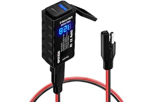 BATIGE Motorcycle USB Charger SAE to USB Adapter Type C and Quick Charge USB 3.0 with Voltmeter, ON/Off Switch and 3.6FT SAE 