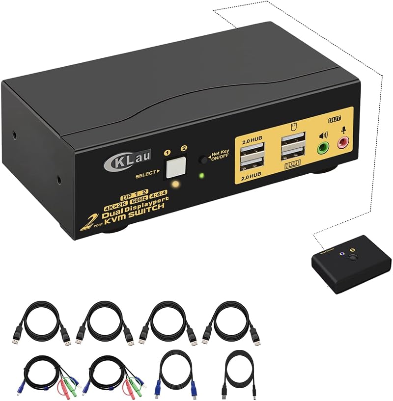 CKLau 2 Port Dual Monitor Displayport KVM Switch 4K@60Hz USB Hub Audio Cables