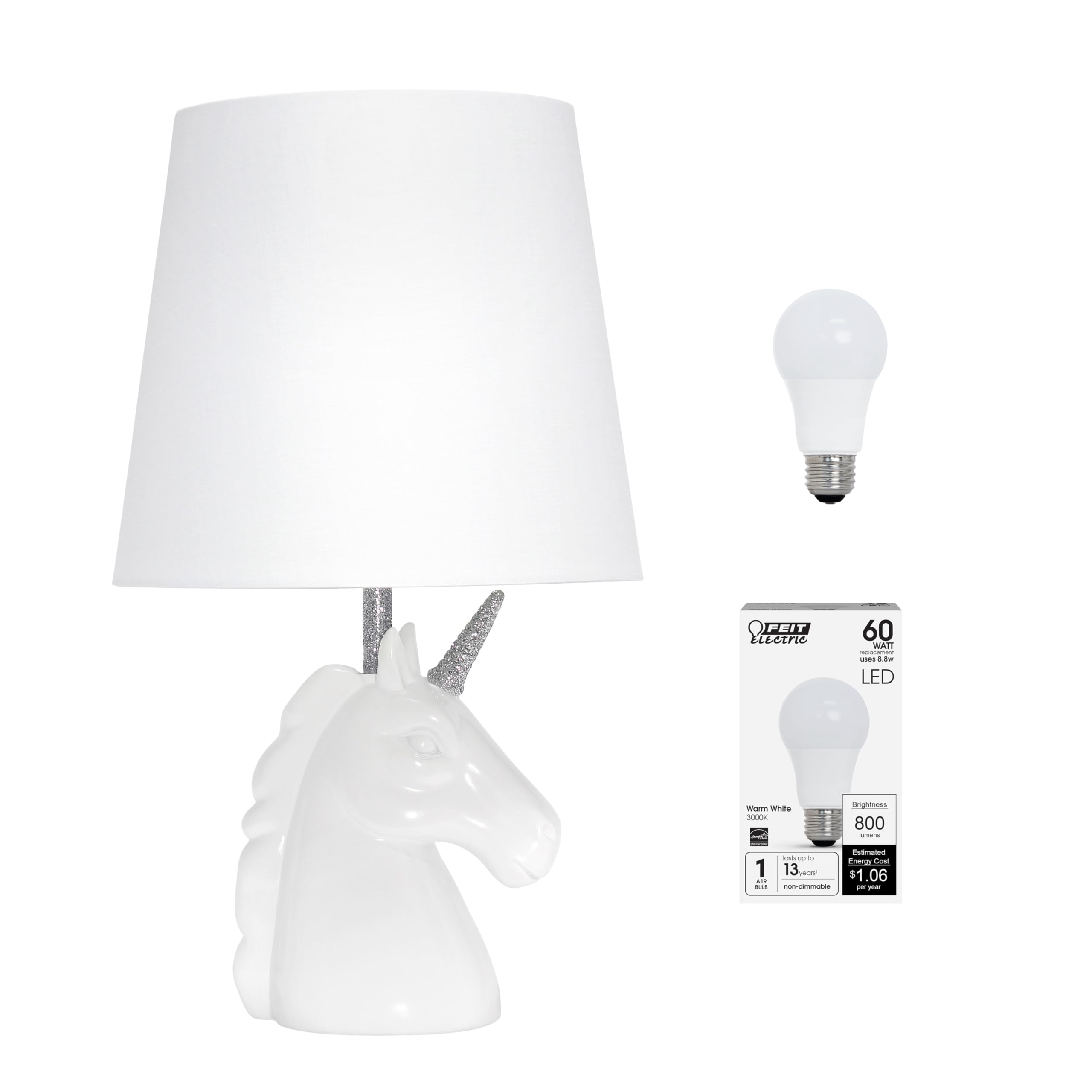 Simple Designs LT1078-SLV-LB 15.5" Sparking Glitter Unicorn Table Lamp for Kids Room, Nursery, Living Room, Bedroom, Playroom, Foyer, White with Silver Glitter, with Feit LED Bulb Included Image Simple Designs LT1078-SLV-LB 15.5" Sparking Glitter Unicorn Table Lamp for Kids Room, Nursery, Living Room, Bedroom, Playroom, Foyer, White with Silver Glitter, with Feit LED Bulb Included Image