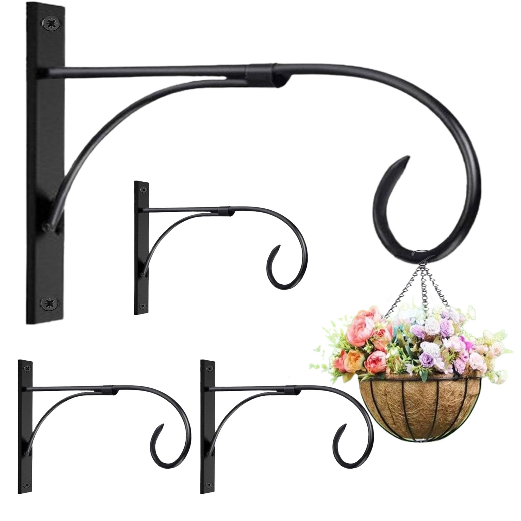 ZEECER Hanging Basket Bracket, 4 Pack 10.5 Inches Heavy Duty Hanging Basket Brackets Outdoor, Rust-Proof Metal Hanging Basket Hooks Wall Brackets for Hanging Basket Plant Flower Lantern Bird Feeder