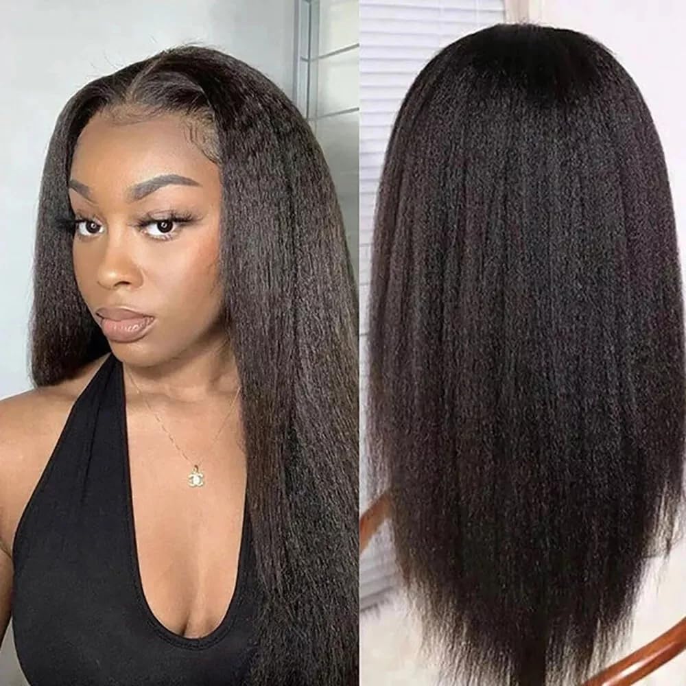 Urshiney 4x4 Yaki Lace Front Human Hair Wig for Black Women Brazilian Virgin Hair Kinky Straight Frontal Wigs Pre Plucked With Natural Hairline 180% Density Natural Color 26 Inch