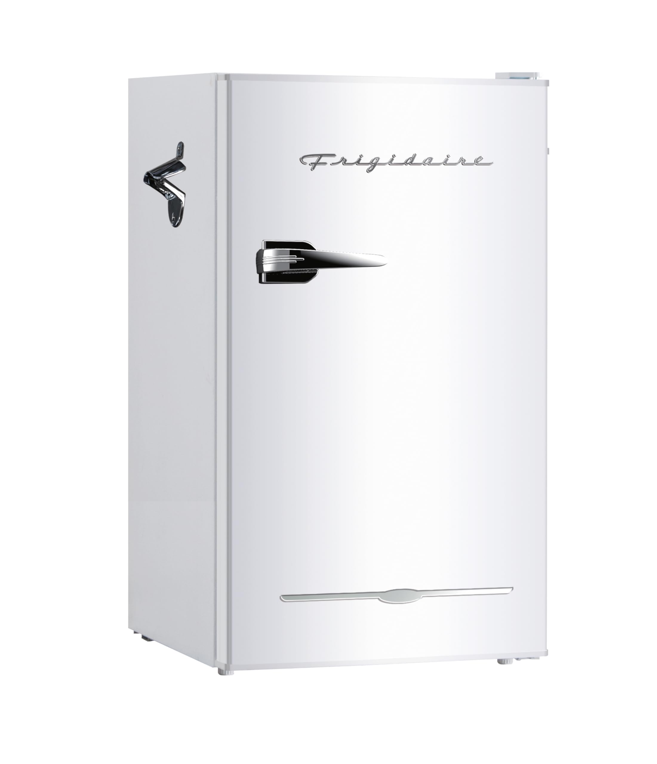Photo 1 of (outside of box) Frigidaire Retro Compact Fridge with Chiller, 3.2 cu ft Countertop Fridge with Built-In Bottle Opener, Compact Refrigerator for Office, Bedroom, Dorm Room or Cabin - 18.7"D x 19.01"W x 33.27"H (White)(major scratches and damages)