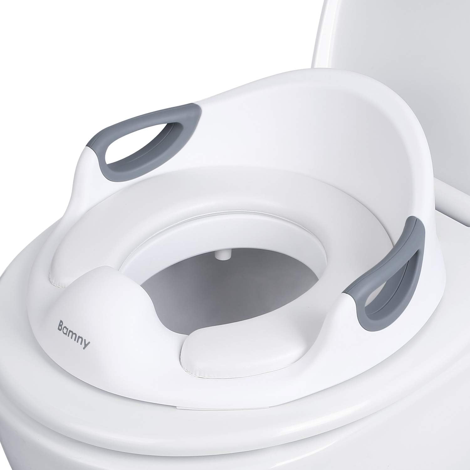 Bamny Potty Training Seat, Toilet Trainer Seats for Boys & Girls, Toilet Seat with Cushion Handle and Backrest,Toddler Training Seat for Round and Oval Toilets(White)
