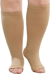 PUTUO Plus Size Compression Socks Wide Calf 20-30 mmHg Open Toe 4XL Beige