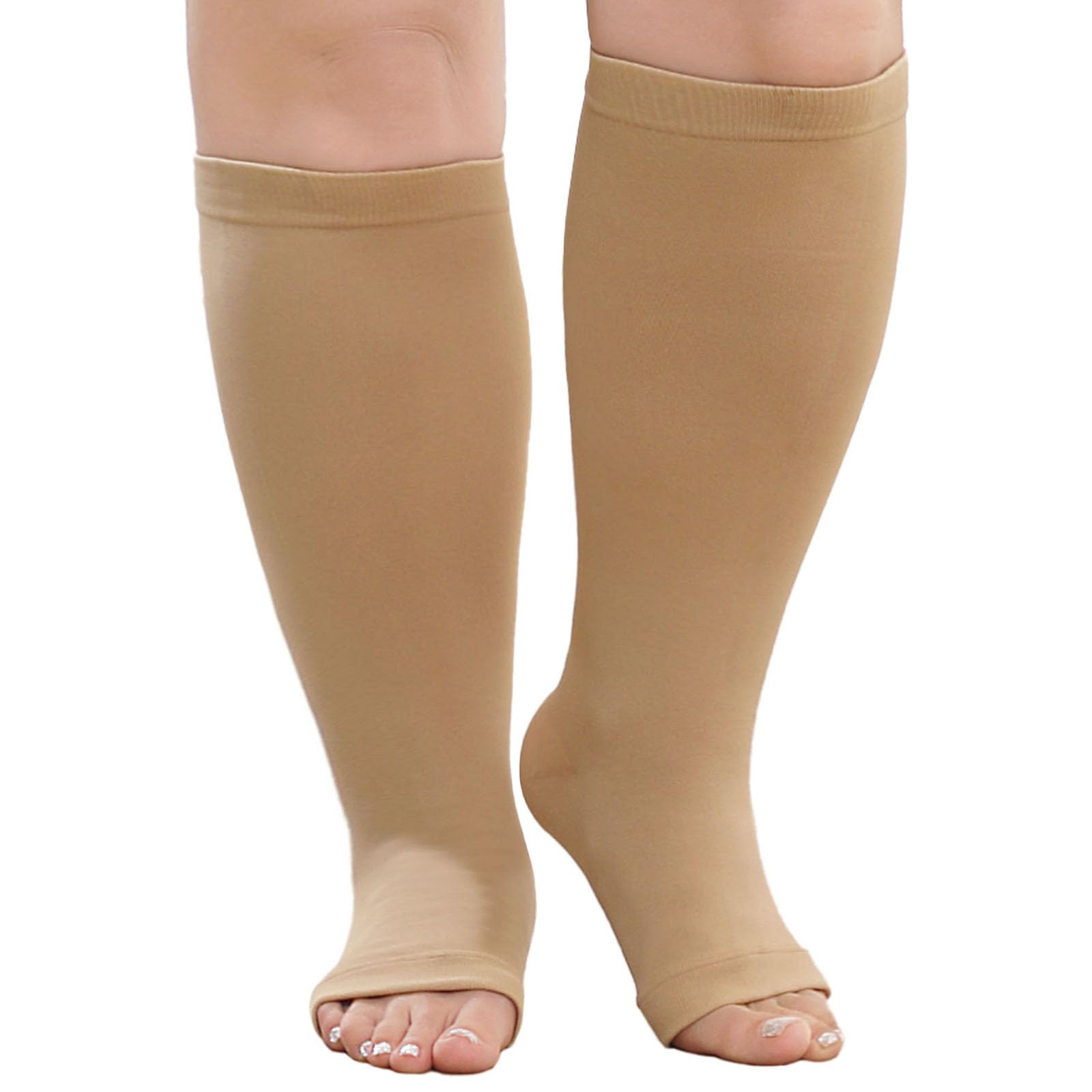 PUTUO Plus Size Compression Socks: Wide Calf Graduated Compression Stockings Men Women Open Toe Extra Large Compression Sock for Support Flight Travel Pregnancy Nurses 20-30 mmHg Beige 5XL 1Pairs